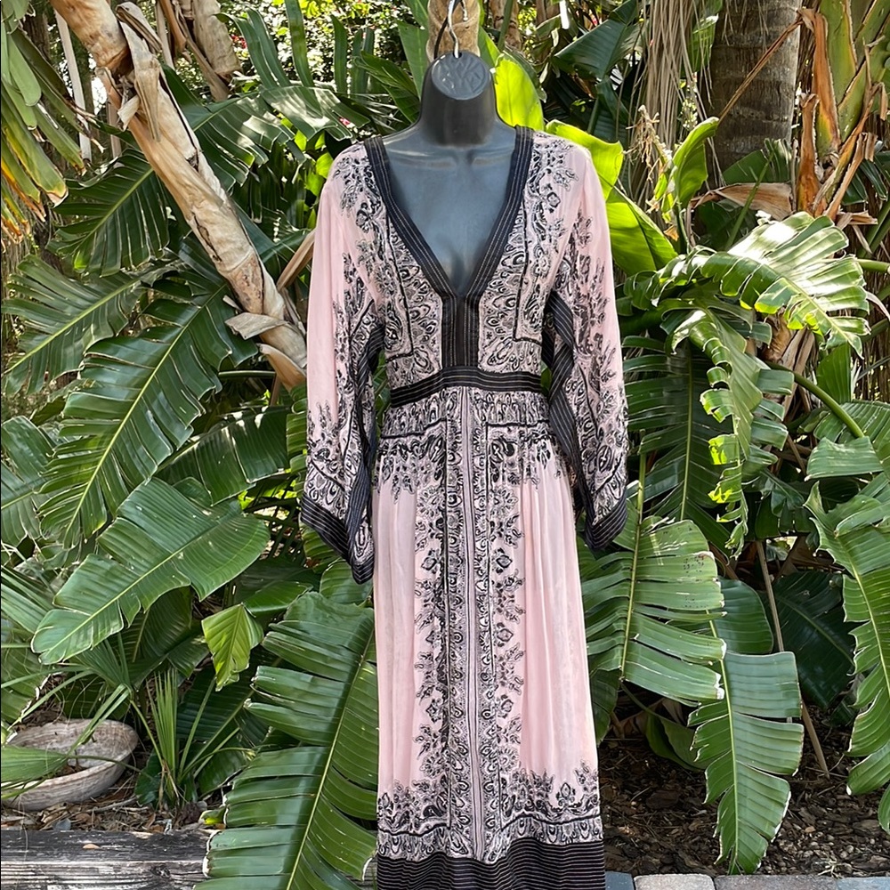 Bohemian dress with kimono sleeves, beading silver embroidery, and satin…